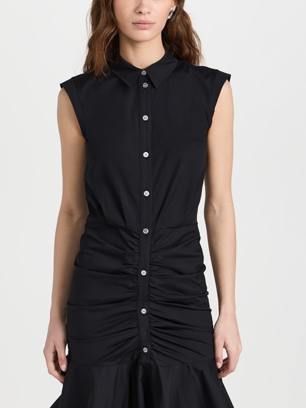 Veronica Beard Black Ruched Button Front Shirt Dress Flounce Hem Size 4